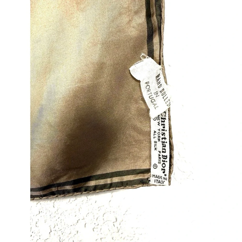Vintage Christian Dior 100% Silk Scarf 18” Taupe Hand Rolled Portugal Old Money
